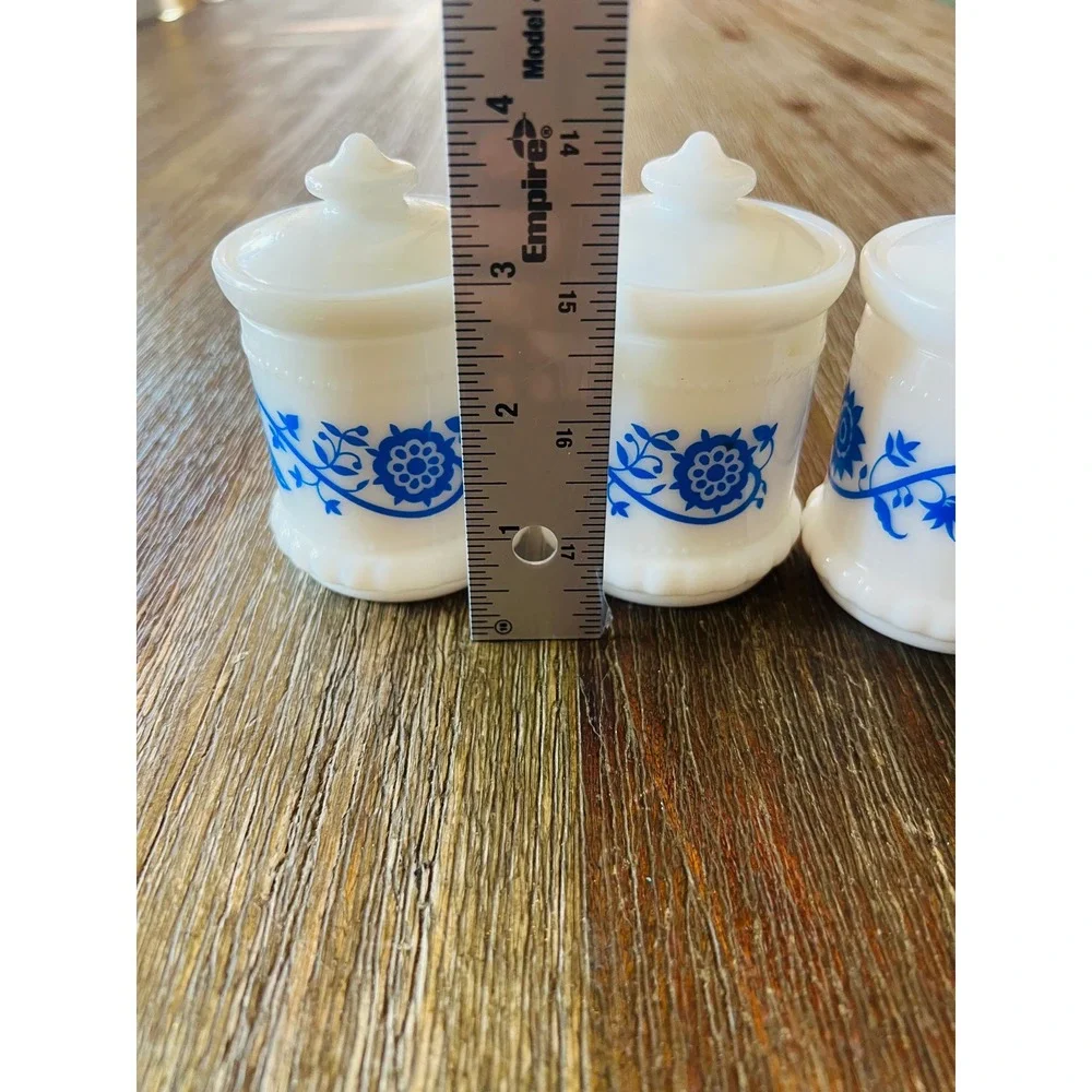 Vintage Milk Glass Spice Jars Set of 3 Blue Floral White Canisters with Lids
